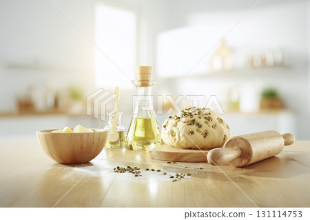 Fresh Dough With Seeds On A Cutting Board On A Wooden Table, Surrounded By Baking Ingredients In A Bright Kitchen. Fresh Dough With Seeds On A Cutting Board On A Wooden Table, Surrounded By Baking Ingredients In A Bright Kitchen. 131114753