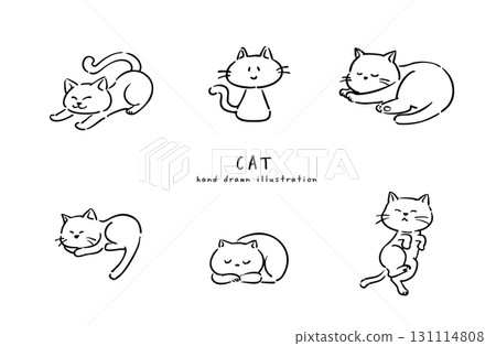 Line drawing illustrations of cats in various poses 131114808