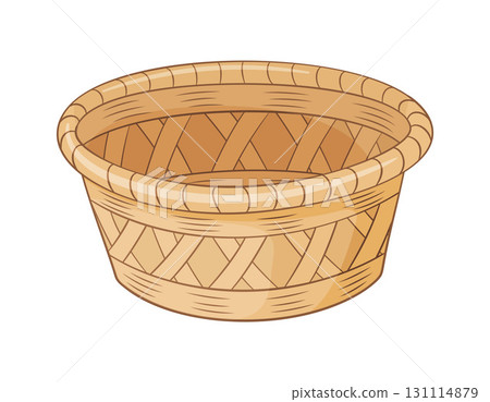 Empty wicker basket,accessories for storage or carrying. Hand drawn Trendy flat style isolated Empty wicker basket,accessories for storage or carrying. Hand drawn Trendy flat style isolated 131114879