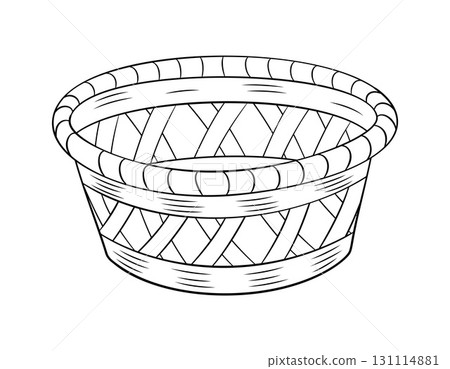Empty wicker basket doodle style. Hand drawn black and white isolated coloring page Empty wicker basket doodle style. Hand drawn black and white isolated coloring page 131114881