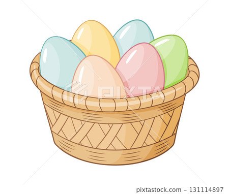 Basket with easter eggs doodle style. Happy easter Hand drawn flat style cartoon isolated icon 131114897