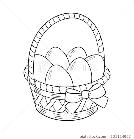A festive basket with a bow full of Easter eggs doodle style. Hand drawn coloring page 131114902