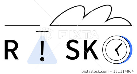 Alert triangle replacing the letter I in RISK with cloud and clock. Ideal for business, finance, project management, time management, weather forecasting, risk assessment, and alert systems. Line Alert triangle replacing the letter I in RISK with cloud and clock. Ideal for business, finance, project management, time management, weather forecasting, risk assessment, and alert systems. Line 131114964