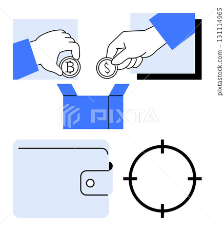 Hands holding Bitcoin and Dollar coins, focusing on wallet icon, and an open box. Ideal for finance, cryptocurrency, online transactions, e-commerce, digital wallets savings investment. Line Hands holding Bitcoin and Dollar coins, focusing on wallet icon, and an open box. Ideal for finance, cryptocurrency, online transactions, e-commerce, digital wallets savings investment. Line 131114965