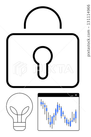 Padlock alongside a lightbulb and graph chart. Ideal for cybersecurity, innovation, data analysis, research, technology, finance, and education concepts. Line metaphor Padlock alongside a lightbulb and graph chart. Ideal for cybersecurity, innovation, data analysis, research, technology, finance, and education concepts. Line metaphor 131114966
