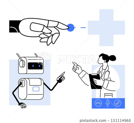 Robot doctor, technology symbols. Ideal for robotics, healthcare, AI, virtual consultation, future medicine, collaboration, innovation. Line metaphor 131114968