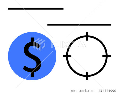 Black dollar sign inside blue circle next to black target icon with lines above. Ideal for financial strategies, business goals, investments, budgeting, savings, financial planning, achieving Black dollar sign inside blue circle next to black target icon with lines above. Ideal for financial strategies, business goals, investments, budgeting, savings, financial planning, achieving 131114990
