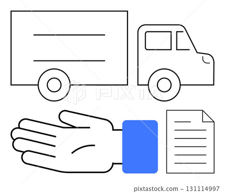 Truck, open hand gesture, and document symbolize delivery service, logistics, receiving packages, and shipping. Ideal for delivery concepts, logistics, courier service shipping management customer 131114997