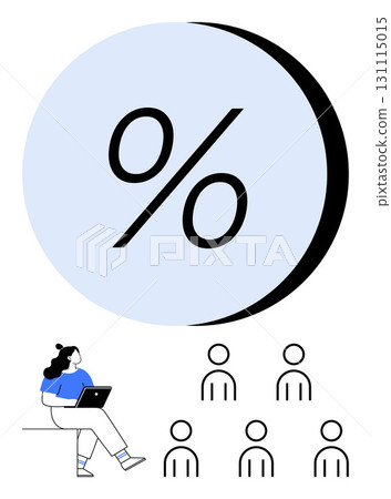 Woman seated with laptop large percentage symbol, six person icons below. Ideal for financial analysis, productivity, business growth, online education, statistics, workforce, remote work. Line Woman seated with laptop large percentage symbol, six person icons below. Ideal for financial analysis, productivity, business growth, online education, statistics, workforce, remote work. Line 131115015
