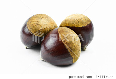 Three shiny chestnuts show their smooth surfaces and caps Three shiny chestnuts show their smooth surfaces and caps 131115022