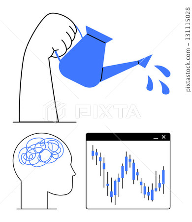 Hand pouring water from a watering can onto a fluctuating stock market graph, abstract head with tangled lines. Ideal for finance, mental health, growth, investment, complexity, innovation, strategy Hand pouring water from a watering can onto a fluctuating stock market graph, abstract head with tangled lines. Ideal for finance, mental health, growth, investment, complexity, innovation, strategy 131115028