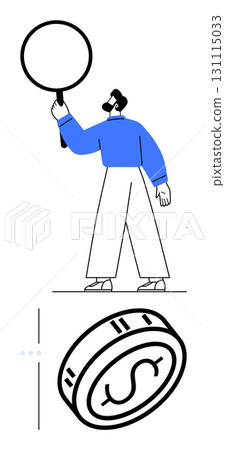 Person holding magnifying glass above a large coin with dollar symbol. Ideal for financial analysis, investment, savings, budgeting, currency valuation, financial research, business planning. Line 131115033