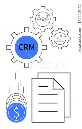 CRM gears with user icons and growth chart, financial coins, and documents. Ideal for business operations, customer relationship management, financial planning, document handling, teamwork 131115062