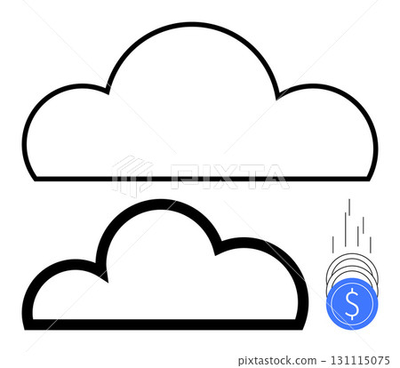 Two cloud outlines and stack of blue coins with dollar symbol and motion lines suggesting movement. Ideal for tech, finance, storage solutions, digital economy, cloud computing, investments 131115075