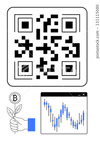 QR code above Bitcoin plant held by hand and increasing financial chart on white background. Ideal for cryptocurrency, finance, investment, blockchain, technology, digital economy, marketing. Line QR code above Bitcoin plant held by hand and increasing financial chart on white background. Ideal for cryptocurrency, finance, investment, blockchain, technology, digital economy, marketing. Line 131115080