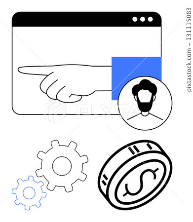 Hand points within a browser window, accompanied by a profile icon, coin with a dollar sign, and gears. Ideal for guidance, online services, user interaction, business efficiency, tech support Hand points within a browser window, accompanied by a profile icon, coin with a dollar sign, and gears. Ideal for guidance, online services, user interaction, business efficiency, tech support 131115083