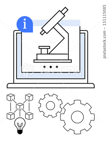 Microscope on laptop screen symbolizes scientific research. Gears represent innovation. Blockchain structure and light bulb indicate technological advancements. Ideal for science, technology Microscope on laptop screen symbolizes scientific research. Gears represent innovation. Blockchain structure and light bulb indicate technological advancements. Ideal for science, technology 131115085