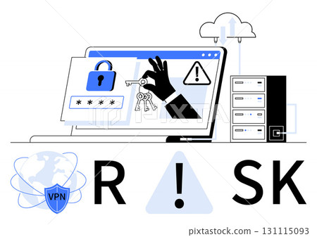 Open laptop showing security icons thumbs up locked padlock, passwords, hand holding keys, and warning sign. Ideal for cybersecurity awareness, data protection, risk analysis, VPN services, IT Open laptop showing security icons thumbs up locked padlock, passwords, hand holding keys, and warning sign. Ideal for cybersecurity awareness, data protection, risk analysis, VPN services, IT 131115093