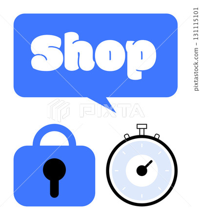 Blue speech bubble with Shop text blue padlock symbol and stopwatch icon. Ideal for e-commerce, security, efficiency, online shopping, time management, retail, cybersecurity. Line metaphor 131115101