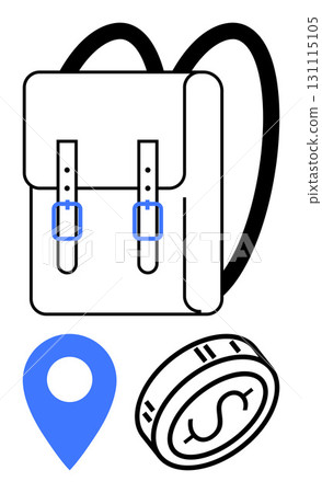 Backpack with straps, blue location pin, and coin with dollar sign. Ideal for travel, finance, education, navigation, budgeting lifestyle and logistics. Line metaphor Backpack with straps, blue location pin, and coin with dollar sign. Ideal for travel, finance, education, navigation, budgeting lifestyle and logistics. Line metaphor 131115105