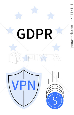 Shield marked VPN, falling coins, stars, and GDPR text. Ideal for data protection, cybersecurity, online privacy, legal compliance financial security technology and internet safety. Line metaphor Shield marked VPN, falling coins, stars, and GDPR text. Ideal for data protection, cybersecurity, online privacy, legal compliance financial security technology and internet safety. Line metaphor 131115121