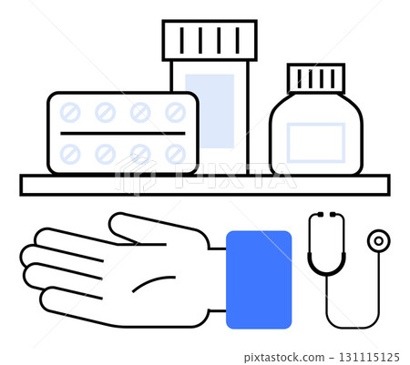 Medicine bottles, blister pack of pills, doctors hand, and stethoscope symbolize healthcare essentials. Ideal for medical, pharmaceutical, healthcare, medicine doctor clinic hospital themes. Line 131115125