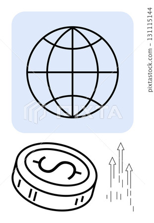 Globe with grid lines, dollar coin, and upward arrows. Ideal for global trade, economic growth, financial investments, market analysis, international business forex trading economic forecasts. Line 131115144