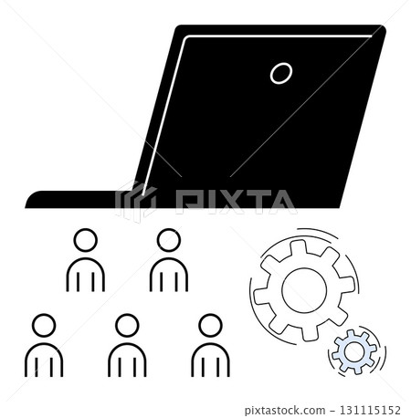 Laptop and six human icons representing team members, beside two interconnected gears symbolizing collaboration, productivity, teamwork, remote work. Ideal for business, technology, networking 131115152