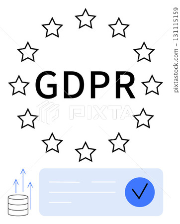 GDPR text encircled by stars, data storage icon with arrows, and checkmark on document. Ideal for data protection, privacy policies, EU regulations, compliance, digital security, legal requirements GDPR text encircled by stars, data storage icon with arrows, and checkmark on document. Ideal for data protection, privacy policies, EU regulations, compliance, digital security, legal requirements 131115159