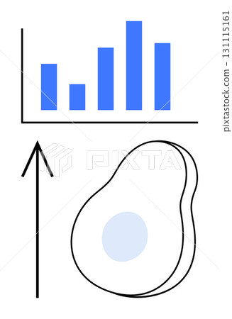 Bar graph with ascending bars next to an upward arrow and an abstract avocado shape. Ideal for business analytics, market growth, financial success, economic trends, investment, productivity Bar graph with ascending bars next to an upward arrow and an abstract avocado shape. Ideal for business analytics, market growth, financial success, economic trends, investment, productivity 131115161