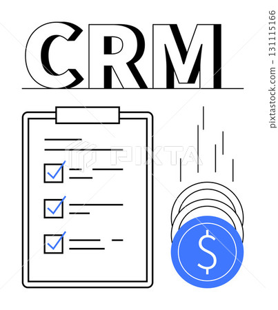 CRM acronym with checklist of completed tasks and falling dollar coins. Ideal for business management, customer relationship, sales tracking, task management, financial assets, productivity CRM acronym with checklist of completed tasks and falling dollar coins. Ideal for business management, customer relationship, sales tracking, task management, financial assets, productivity 131115166