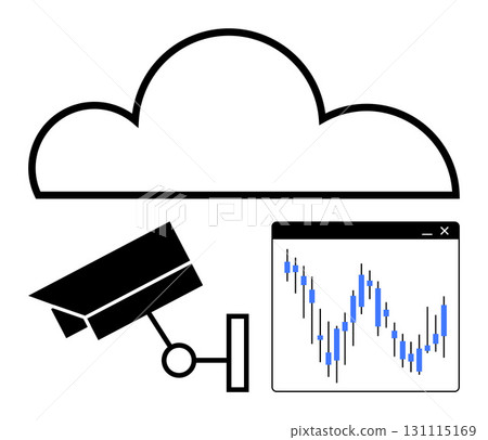 Cloud icon above a surveillance camera and a fluctuating stock graph. Ideal for cybersecurity, data storage, surveillance, monitoring, market analysis, technological advancements, connectivity. Line 131115169