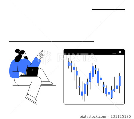 Woman sitting on the floor using a laptop, pointing at a candlestick chart on a screen. Ideal for business analysis, finance, education, trading, data visualization, work from home, technology use Woman sitting on the floor using a laptop, pointing at a candlestick chart on a screen. Ideal for business analysis, finance, education, trading, data visualization, work from home, technology use 131115180