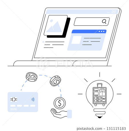 Laptop with e-commerce web, v07site, credit card with payment symbols, hand with coins, shipping idea in lightbulb. Ideal for e-commerce, online payment, shopping, digital transactions, consumer Laptop with e-commerce web, v07site, credit card with payment symbols, hand with coins, shipping idea in lightbulb. Ideal for e-commerce, online payment, shopping, digital transactions, consumer 131115183