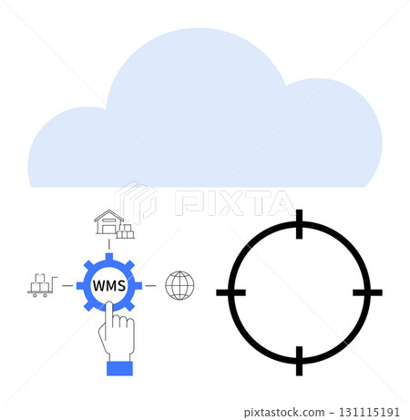 Large cloud icon with a WMS gear icon, warehouse, globe, and shipping elements. Target scope symbolizes precision. Ideal for supply chain, logistics, warehouse management, cloud solutions 131115191