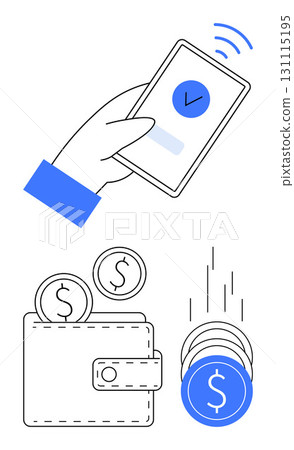 Hand holds a smartphone with a payment confirmation, coins dropping into wallet. Ideal for digital banking, mobile payments, financial apps, e-commerce, contactless transactions, online shopping Hand holds a smartphone with a payment confirmation, coins dropping into wallet. Ideal for digital banking, mobile payments, financial apps, e-commerce, contactless transactions, online shopping 131115195