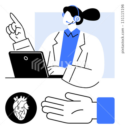 Medical professional wearing a headset, pointing and using a laptop. Additional elements anatomical heart and helping hand. Ideal for telemedicine, healthcare, online consultation, medical advice 131115196