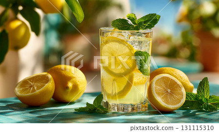 A refreshing summer drink. Pieces of lemon, ice, and mint sprigs are visible in the glass. Several lemons are lying on the table. Freshness, coolness, and relaxation on a hot summer day.	 131115310
