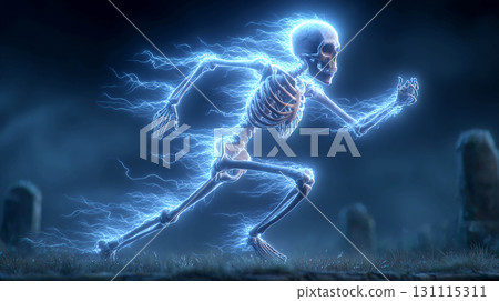 The skeleton is in motion, running towards the cemetery. Glowing electric discharges are visible around the skeleton, giving it a bright and dynamic appearance. 131115311