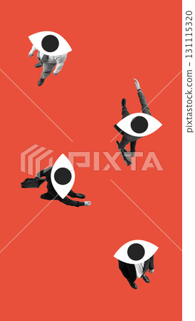 Surreal collage art. Business figures with giant eye heads walking on red background in surreal art 131115320
