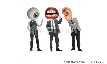 Surreal style collage. Three men in suits with giant eye, mouth, and ear heads in surreal style Surreal style collage. Three men in suits with giant eye, mouth, and ear heads in surreal style 131115332