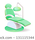 There is a green dental chair equipped with a lamp that is attached to it 131115344