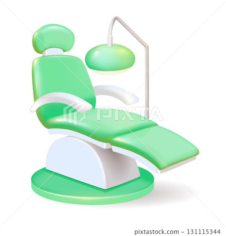 There is a green dental chair equipped with a lamp that is attached to it There is a green dental chair equipped with a lamp that is attached to it 131115344