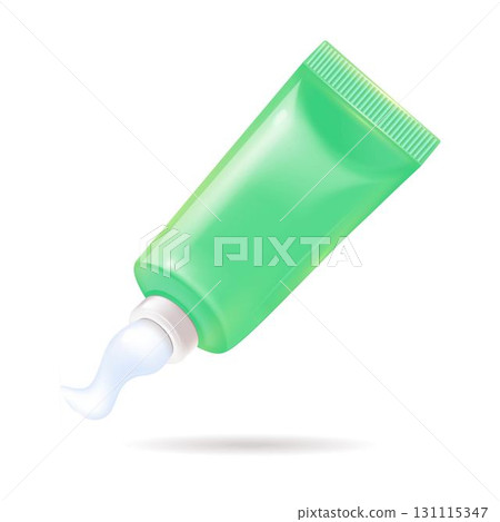 Green toothpaste tube with a white cap on a white background Green toothpaste tube with a white cap on a white background 131115347