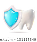There is a tooth surrounded by a blue shield around it. The tooth is protected, 3D vector. 131115349