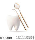 Tooth with dental instruments, dental mirror, and dental probe. 131115354