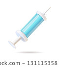 A blue and white syringe featuring a needle rests on a plain white background 131115358