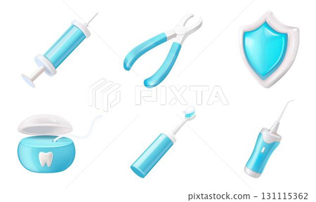 Dentistry concept set: shield, dental forceps, syringe, toothbrush, dental floss, irrigator. 131115362