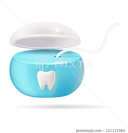 A blue container filled with dental floss that has an image of a tooth on it A blue container filled with dental floss that has an image of a tooth on it 131115364
