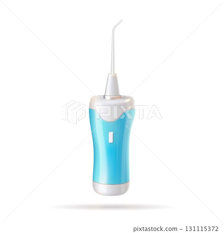Blue and white water jet dental irrigator on a white background. Cleaning teeth with water. 131115372